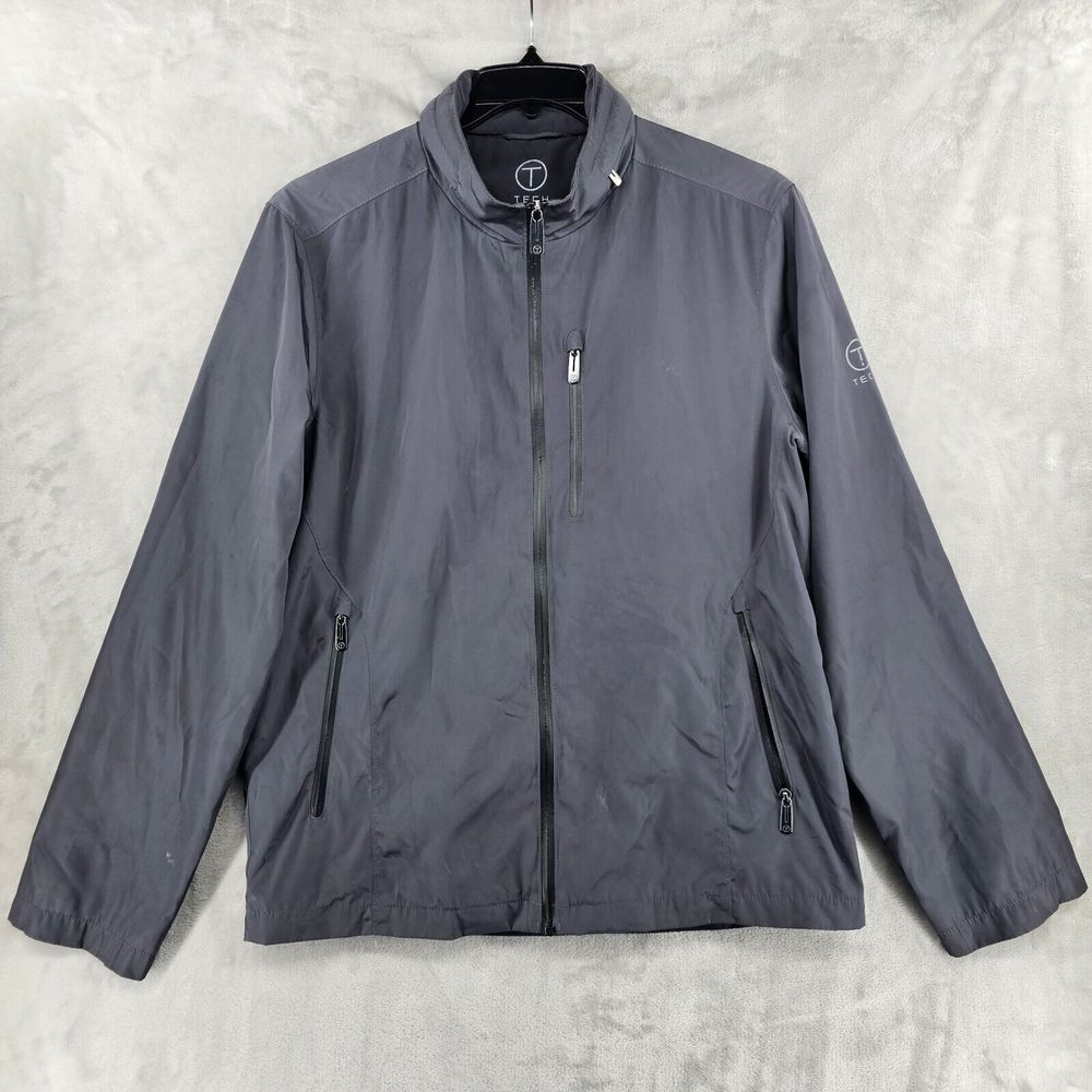 Tech By Tumi Jacket Mens Size Medium Gray‎ Zip Up Hide Away Hood Travel Stains